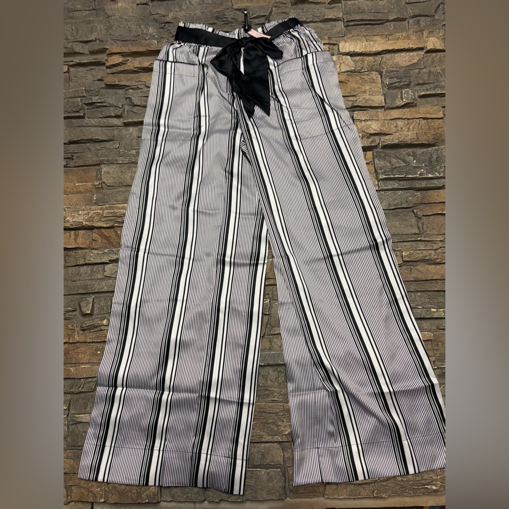 Victoria Secret Silky Satin Stripe Lounge Pajama Pants Bottom Flare Pockets NWT